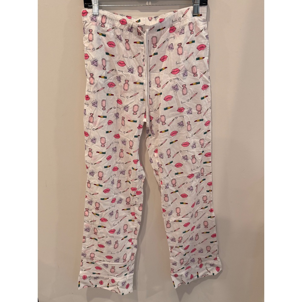 Victoria's Secret Pajama Pants‎ M White Pink Lips Perfume Lipstick Novelty Print